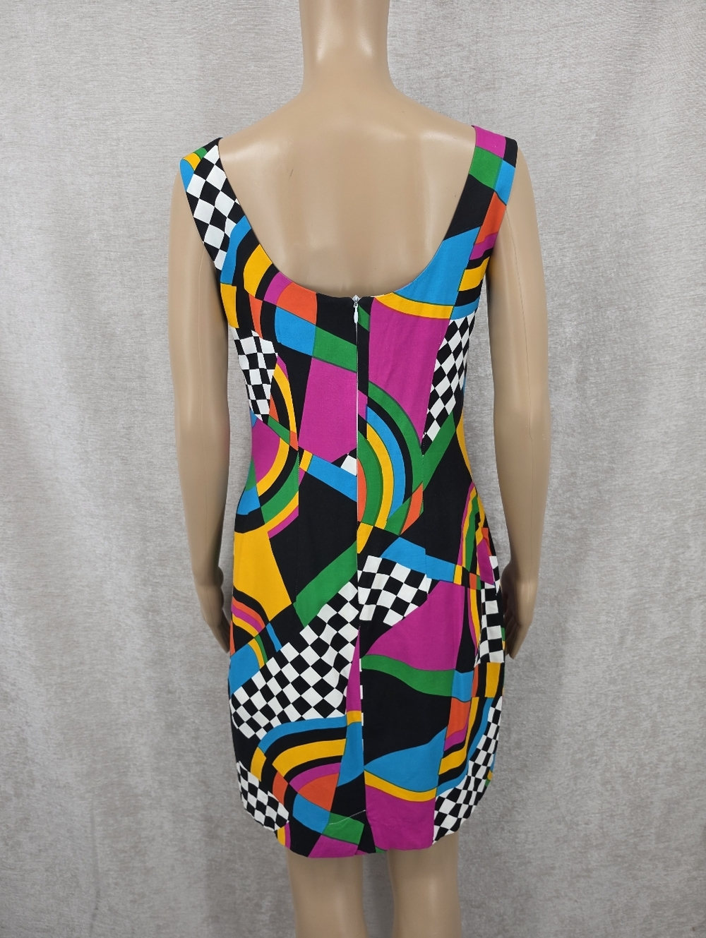 Vintage 80s Colorful Checkered Geometric Print Sleeveless Sheath Midi Dress - Picture 3 of 14